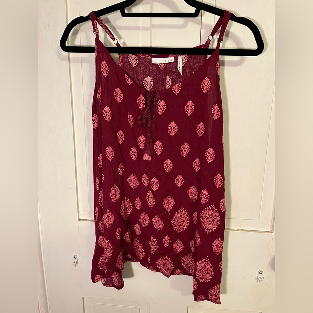 Women's Burgundy Patterned Top with Tassels